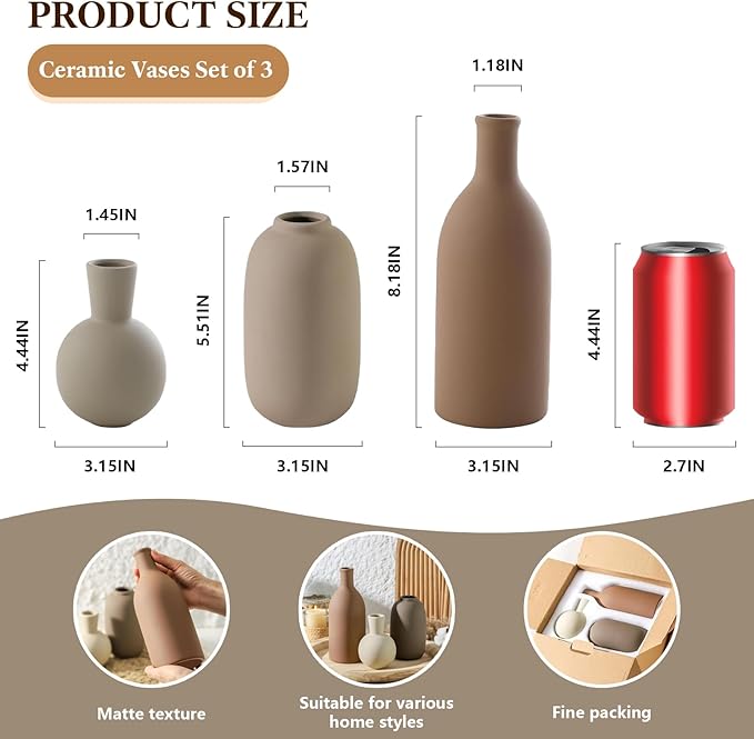 Modern Ceramic Vase Set, Neutral Decorative Vases for Home Decor, Small Flower Pottery Vase Sets for Pampas Grass Dried Flowers, for Happy Birthday Gifts, Self Care Gift