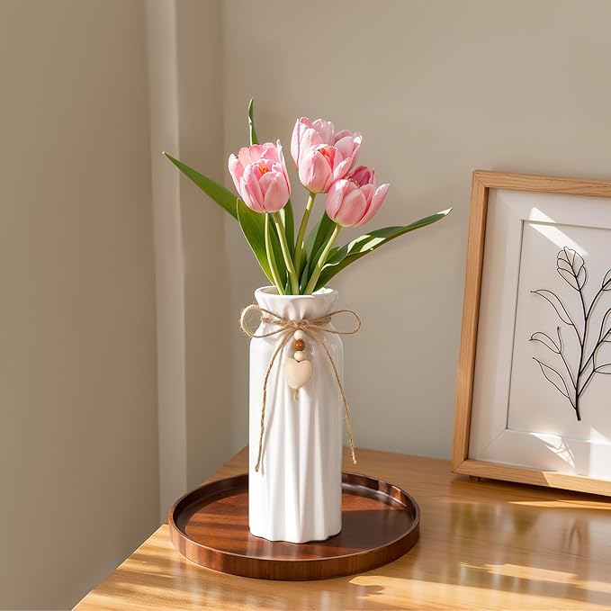 Elegant 8 Inch Ceramic Vase with Geometric Pattern, Decorative Vase with Jute Rope & Heart Charm for Home Décor, Table Centerpieces, and Gifts, Ideal for Living Room, Bedroom, and Office