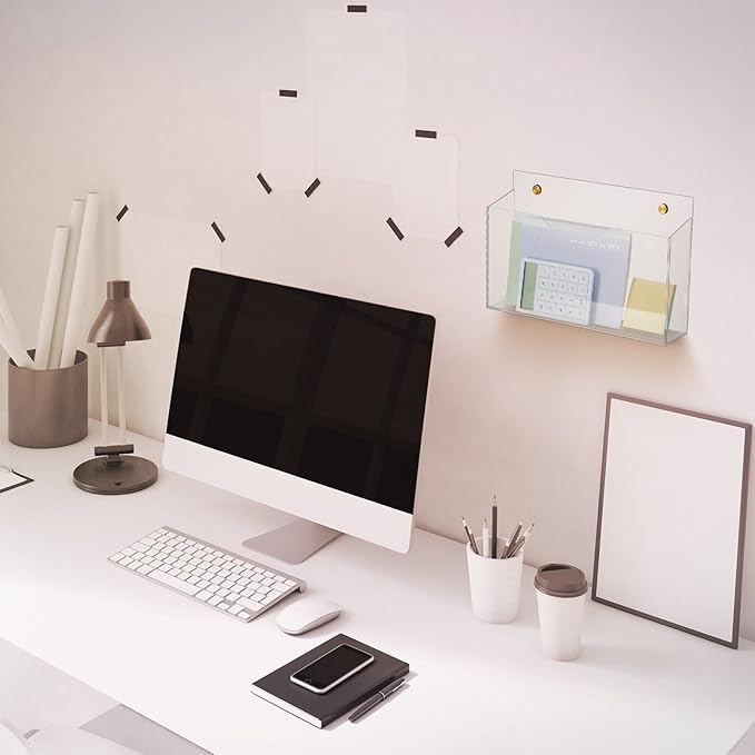 2Pcs Clear Acrylic File Holder Wall Mount Mail Magazine Organizer File Holders with Screw Wall Pocket Office Document Storage Rack Magazine Letter Brochure (14"x8.3"x2.4",Widening Horizontal)
