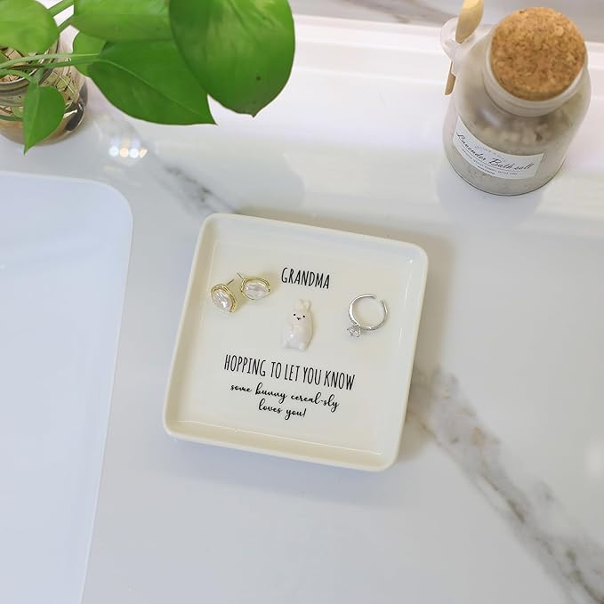 HOME SMILE for Grandma Grandmother,Bunny Ring Dish Jewelry Tray-Mothers Day Thanksgiving Day Birthday Gifts for Mimi Nana Gigi