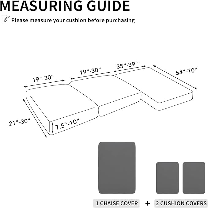 Easy-Going 100% Waterproof 3 Pieces Couch Cushion Covers for Sectional Sofa Left/Right L Shape Chaise Lounge Sofa Seat slipcover Anti-Slip Sofa Cover (2 Seater + 1 Chaise, Gray