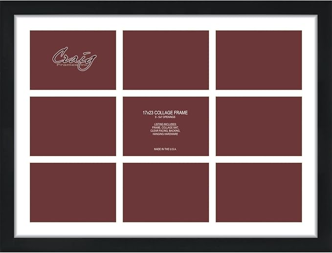 Craig Frames Contemporary, 17x23 Black Picture Frame with White Collage Mat, 9 Openings for 5x7 Prints