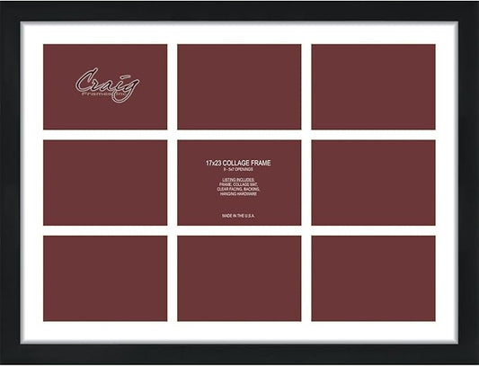 Craig Frames Contemporary, 17x23 Black Picture Frame with White Collage Mat, 9 Openings for 5x7 Prints
