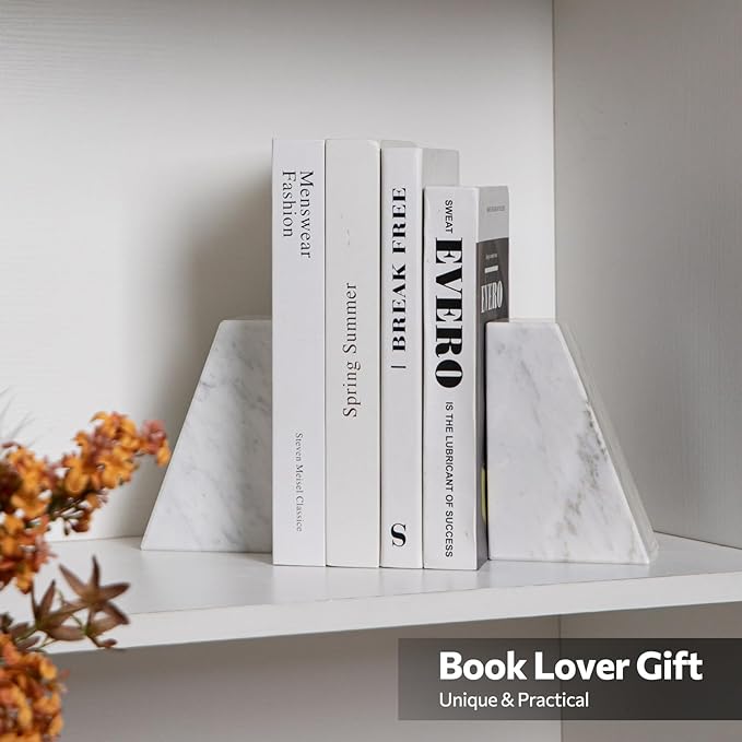 Luxury Marble Bookends for Shelves, 11LB Heavy Duty Marble Book Ends for Heavy Books, Stone Bookends Decorative, Polished, Carrara White Triangular, Set of 2