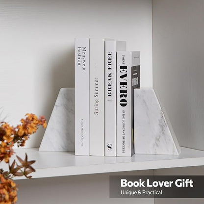 Luxury Marble Bookends for Shelves, 11LB Heavy Duty Marble Book Ends for Heavy Books, Stone Bookends Decorative, Polished, Carrara White Triangular, Set of 2