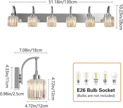 6-Light Crystal Vanity Light, Chrome Modern Wall Sconce with K9 Crystal Shades, 51.18" Long Over Mirror Lighting for Bathroom, Makeup, Hallway, Elegant & Easy Install