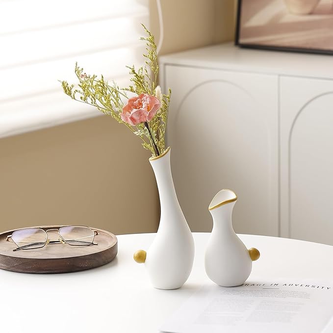 Ceramic Duck Flower Vases Set of 2 - Modern Minimalist Abstract Goose Statues for Home Decor - Cute Small Bud Vase for Centerpieces, Bookshelf, Mantle, Entryway Table(Red)