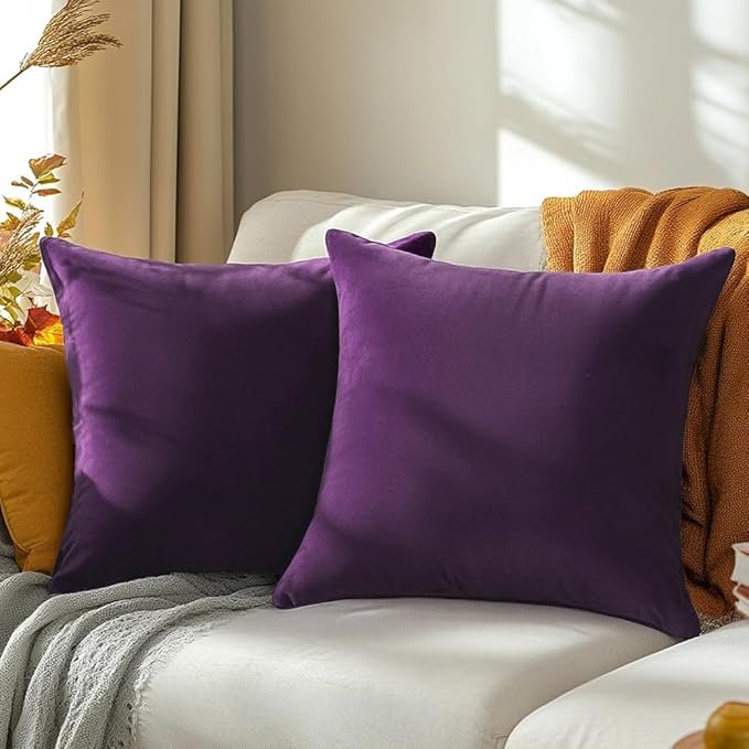 QUORGVES Purple Velvet Pillow Covers 16x16 Inch Set of 2, Soft Solid Decorative Square Throw Pillow Covers, Decor Cushion Covers for Bed Sofa Couch Bedroom Living Room