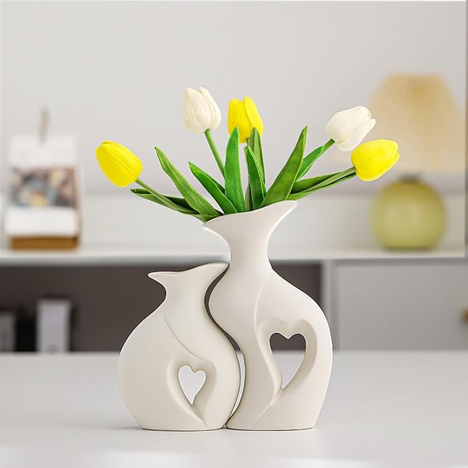 Ceramic Vase - 2 Piece Heart-Shaped Modern Home Decor, Aesthetic Table Centerpiece, Handcrafted Flower Vase Set, Matte White Wedding & Gift, Shelf Sculpture