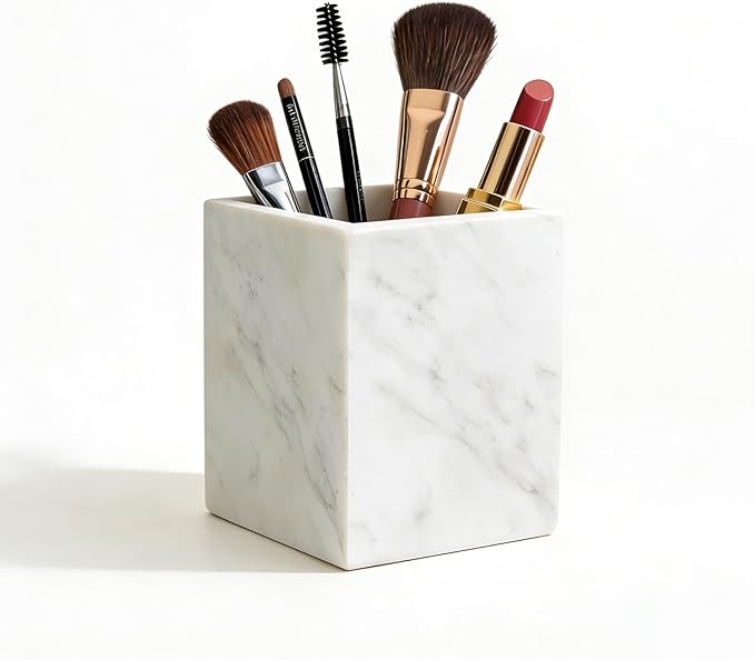 Marble Pen Holder, White Stone, Rectangular Desktop Organizer for Office Study (white)