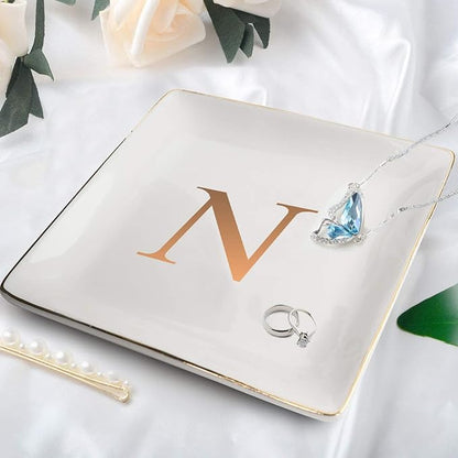 ANOTION Jewelry Tray Ring Dish with Ini-tial Gift- Personalized Trinket Dish and Jewelry Dish with Gold Initials Key Bowl Ceramic Holder, Unique Wedding or Engagement Present