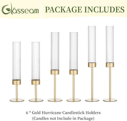 Glasseam Tapered Gold Candlestick Holders: 6 Pcs Tall Brass Taper Candle Holder with Ribbed Glass Cylinder - Hurricane Fluted Candle Holders for Table Centerpiece Wedding Party Christmas Decorations