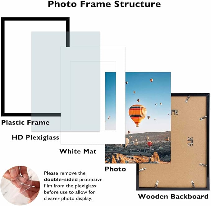 11x17 Picture Frame Set of 2 Black with 8x10 Mat, Display Photo 8x10 with Mat or 11 x 17 Without Mat, Wall Hanging Large 11x17 Poster Frame with Shatter Resistant Plexiglass, 2 Pack, Black