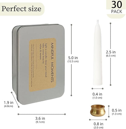 Meditation White Taper Candles Set, 20 Minute Unscented Mini Prayer Candles, 30 pcs Small Wishing Candle with Brass Candle Holders for Home Yoga