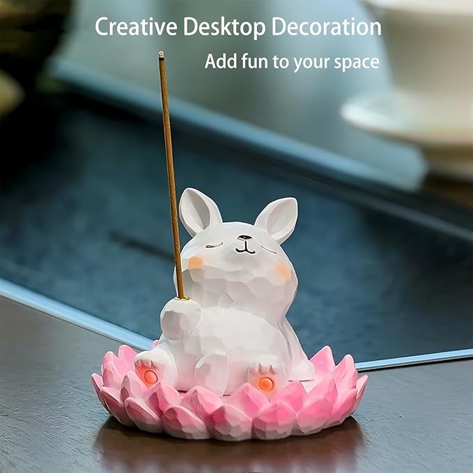 Lotus Rabbit Incense Holder Cute Animal Figurine Incense Burner Flower Stand Ash Catcher Creative Cartoon Resin Rabbit Statue for Home Room Decor Meditation Yoga Spa