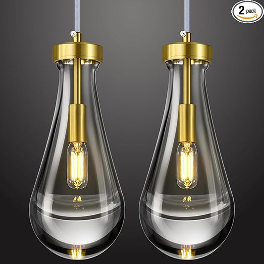 Raindrop Pendant Lights Kitchen Island Set of 2 Teardrop Gold Hanging Light Fixtures Clear Solid Glass Pendant Light Modern Chandeliers for Dining Room Porch Corridor Living Room…