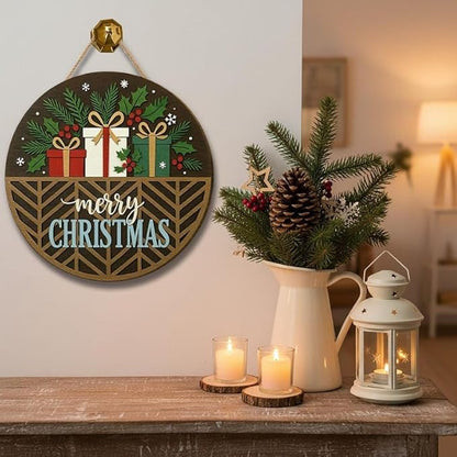 Merry Christmas Round Wooden Door Sign, Holiday Entry Wall Hanging, Charming Winter Porch Decoration, Warm Seasonal Home Accent Display, Perfect For Families And Friends Doorsign_281125_SR6_14
