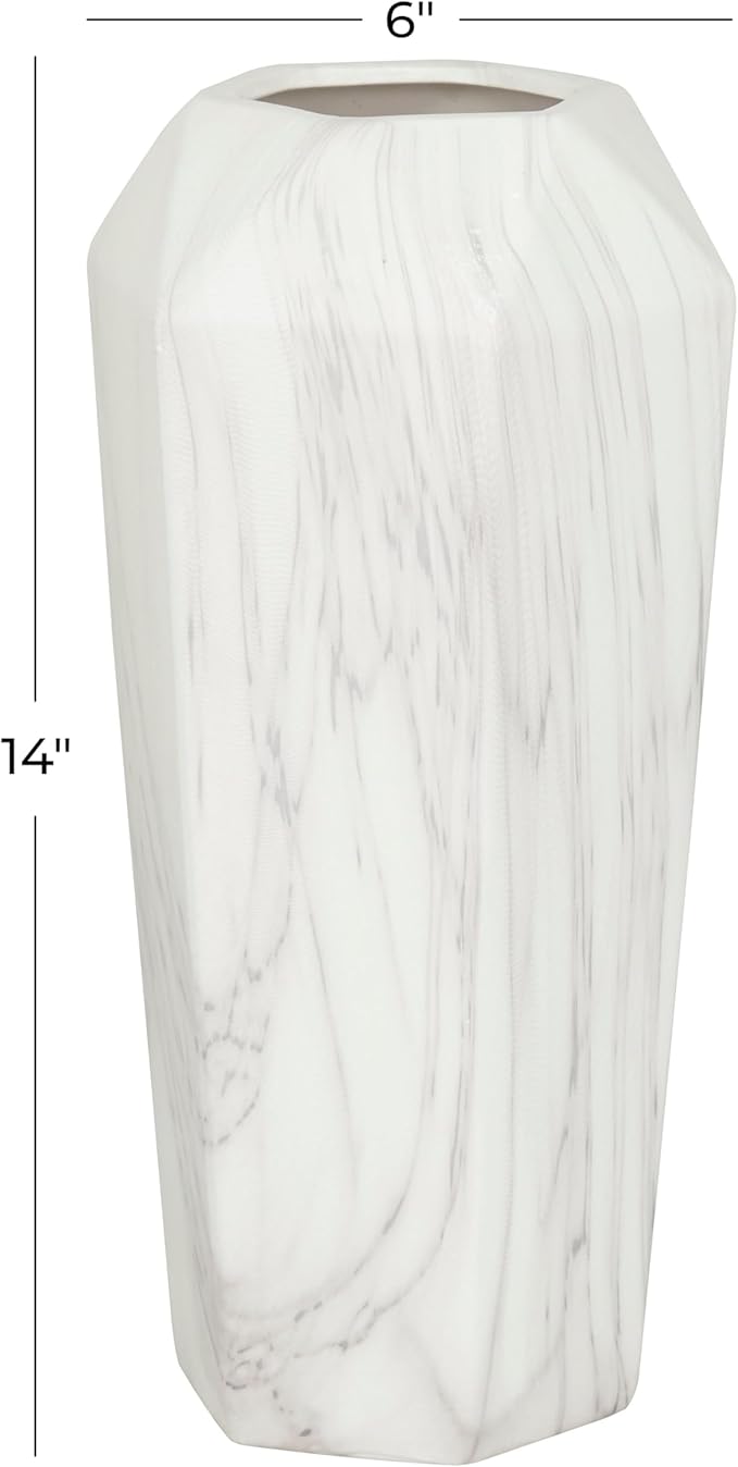 Deco 79 Ceramic Decorative Vase Faux Marble Centerpiece Vase, Flower Vase for Home Decoration 6" x 7" x 14", White