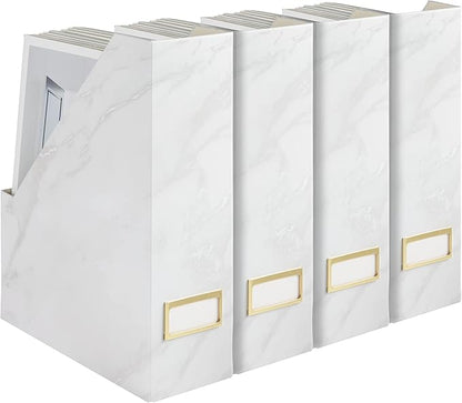 BLU MONACO Set of 4 Magazine Holders | White Marble Design with Gold Label Holders | Foldable File Organizer Boxes for Desk, Office & Classroom | Stylish Paper & Magazine Storage