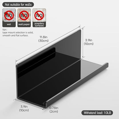 PAVSTINE Acrylic Floating Shelves for Wall No Drilling, Self Adhesive Space-Saving Shelves, 12 Inch Floating Shelf Stick on Wall Shelf, for Bathroom, Kitchen, Bedroom, Office, Gaming Room, Black