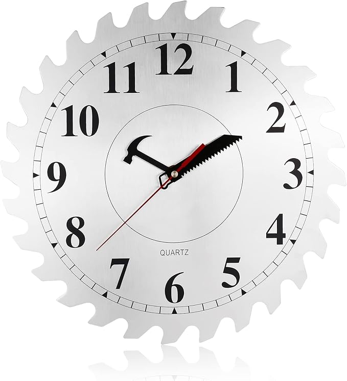 12 Inch Metal Wall Clock with Circular Saw Blade Dial, Handsaw and Hammer Pointer,Great Decor for Garage,Workshop and Man Cave