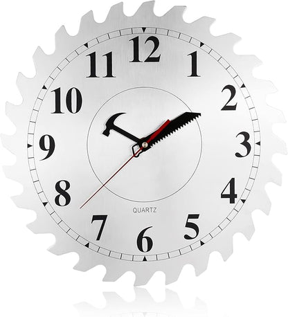 12 Inch Metal Wall Clock with Circular Saw Blade Dial, Handsaw and Hammer Pointer,Great Decor for Garage,Workshop and Man Cave