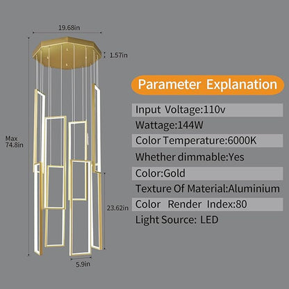 Modern Kitchen Island Dimmable Pendant Light Fixture Gold 144W LED Pendant Lights 8 Rings Rectangular Chandelier Staircase Large Chandelier Lobby Living Room Foyer High Ceiling Chandeliers