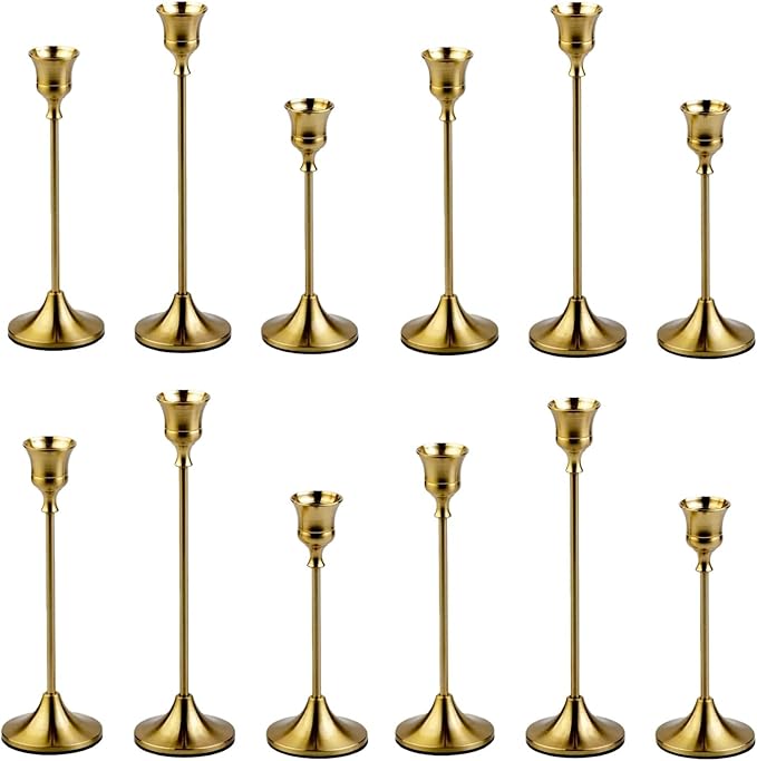4 Sets(12 Pcs) Candle Stick Holders，Brass Gold Metal Taper Candle Holders, Vintage Modern Decorative Centerpiece Candlestick Holders for Table Mantel Wedding Housewarming Gift