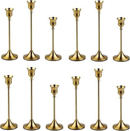 4 Sets(12 Pcs) Candle Stick Holders，Brass Gold Metal Taper Candle Holders, Vintage Modern Decorative Centerpiece Candlestick Holders for Table Mantel Wedding Housewarming Gift