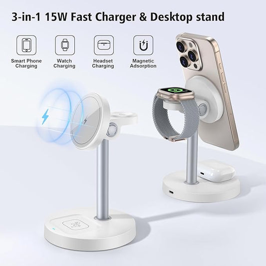 3 in 1 Wireless Charging Station for Apple Devices, 15W Fast Magnetic Charger Nighstand for Bedrooms, iPhone 17 Air 16 15 14 13 12 11 Series, Apple Watch, Airpods, Gifts for Men & Women(No AC Adapter)
