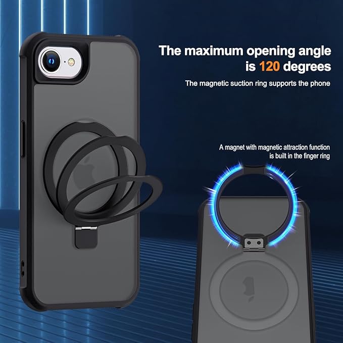 Compatible with iPhone 16E Case with Invisible Magnetic O-Ring Stand Military-Grade Translucent Case for iPhone 16E 6.1" 2025 [Compatible with Mag-Safe][Great Grip Feeling], Black