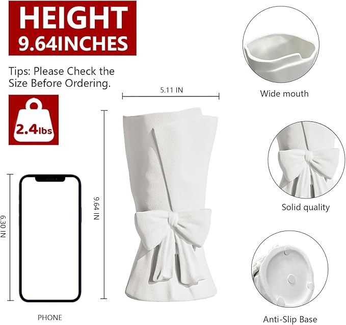 White Ceramic Bow Vase Unique Cute Decorative Bouquet Flower Vases 9.64 in Valentine's Day Decor Vase