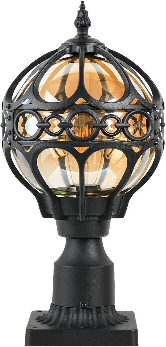 Outdoor Lamp Post Lights, Aluminum Rust-Proof Globe Post Light for Porch Front Door Driveway Lawn Garden, Black Sphere Exterior Pillar Post Light, Hardwired 3" Pier Mount Post Lantern