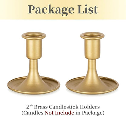 Gold Taper Candle Holder Set of 2, Hewory Short Skinny Brass Candlestick Holders, Vintage Small Low Metal Candles Sticks for Wedding Centerpieces Christmas Birthday Party Holiday Dinning Table Decor