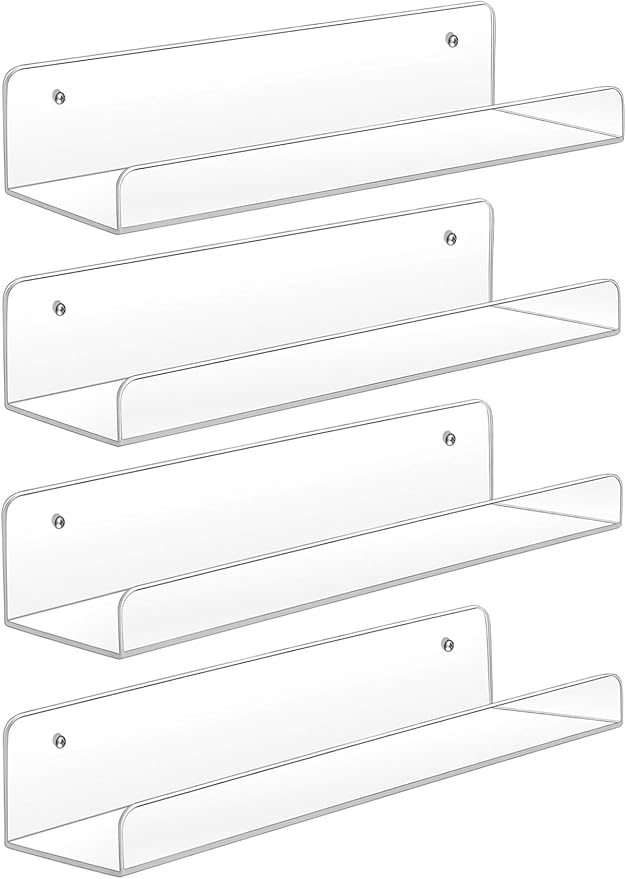 Sooyee Acrylic Shelves,4 Pack 15 Inch Floating Wall Mounted Shelves, Funko Pop Display Case,Invisible Kids Book Shelf,Picture Ledge Shelf Decor, Bathroom Shelf,Clear