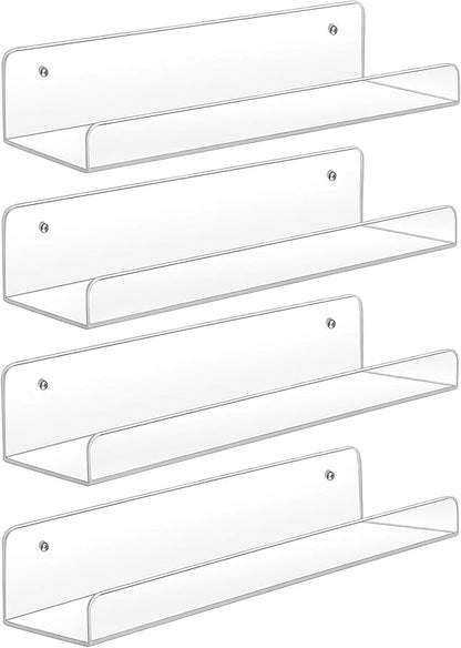 Sooyee Acrylic Shelves,4 Pack 15 Inch Floating Wall Mounted Shelves, Funko Pop Display Case,Invisible Kids Book Shelf,Picture Ledge Shelf Decor, Bathroom Shelf,Clear