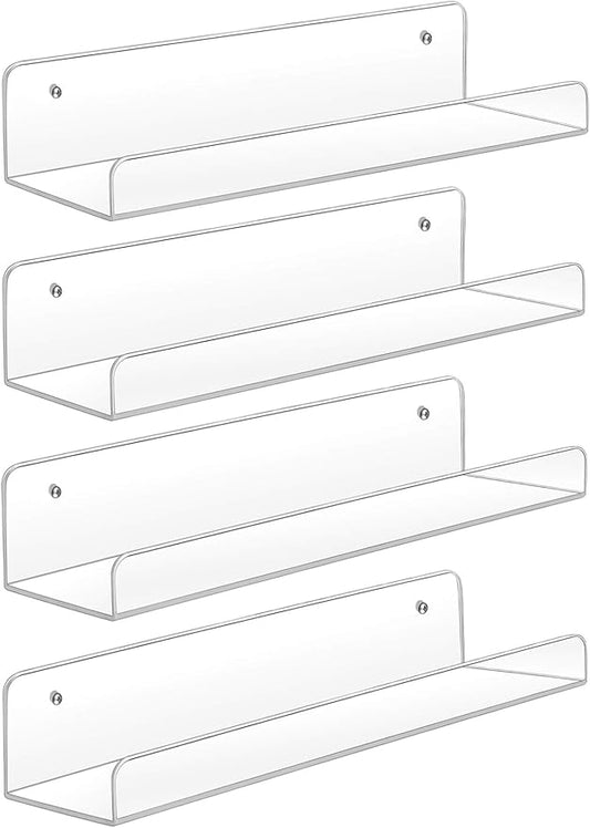 Sooyee Acrylic Shelves,4 Pack 15 Inch Floating Wall Mounted Shelves, Funko Pop Display Case,Invisible Kids Book Shelf,Picture Ledge Shelf Decor, Bathroom Shelf,Clear