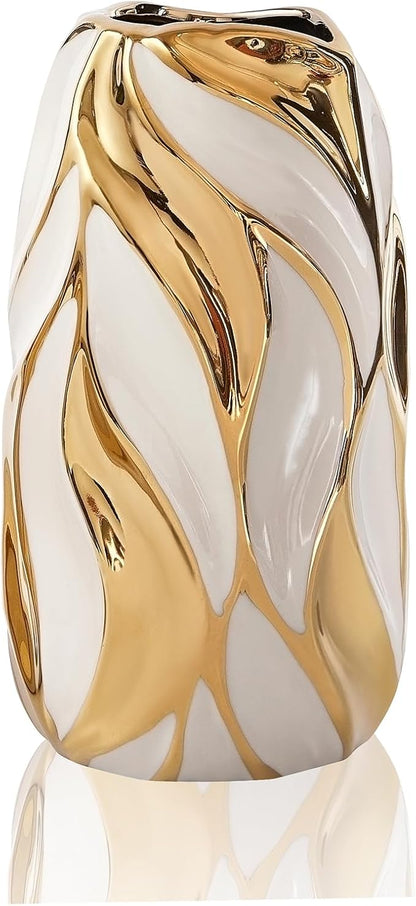 Cream White Ceramic Vase for Flowers, Gold Flower Vase Modern Home Decor, Small Ceramic Vase for Pampas Grass Decorative Vase, for Farmhouse Coffee Table Bookshelf (Large)