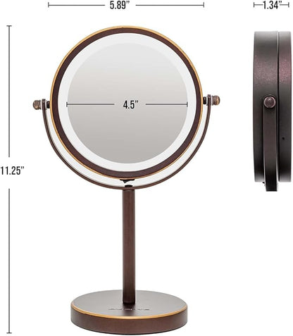 OVENTE 6" Lighted Makeup Mirror with 1X/7X Magnification, Cordless Tabletop Mount Vanity Round Mirror with 360° Swivel Design and Double Sided Cool Tone LED Ring Light, Antique Bronze MLT60ABZ1X7X