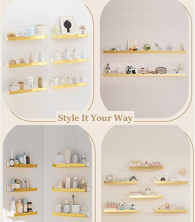 Acrylic Wall Shelf Organizers 15 Inch Floating Shelf for Wall Decor Bookshelf for Kids Modern Mirror Gold Wall Mount Shelf for Living Room, Bedroom, Bathroom (6, Gold Mirror)
