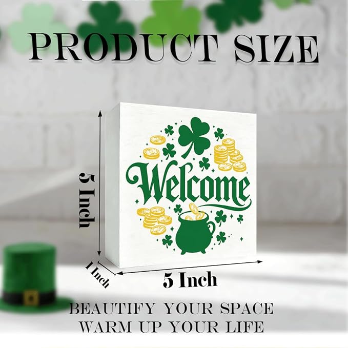 St. Patrick's Day Welcome Decor Wooden Box Sign, Pot of Gold Shamrock Tabletop Welcome Sign for Home Entryway Shelf Desk, Festive Farmhouse Holiday Wooden Decor Irish Theme 5 x 5 Inches