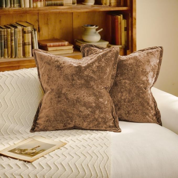 Velvet Pillow Covers 2 Pack Soft 26x26 Pillow Covers Solid Square Euro Shams Decorative Couch Pillow Cases with Wide Border for Sofa Bed Home Decor,Caramel