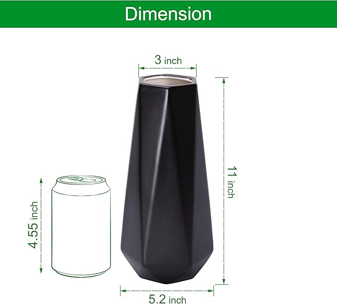 D'vine Dev 11 Inch Matte Black Ceramic Vase, Geometric Handmade Craft Flower Vase with Design Box Packaged, VS-GM-MB-11