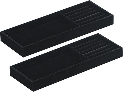 2Pcs Desk Drawer Storage Tray, Nightstand Organizer Tray, Necklace Bracelet Ring Earring Jewelry Display Tray, Grid Table Organizer Holder Tray for Sunglass, Phone, Watch, Perfume (2 grid)/Black