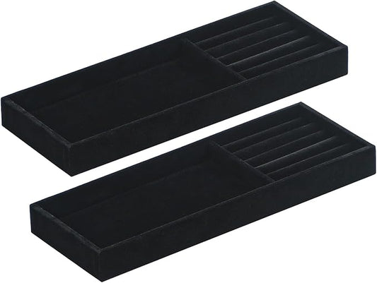 2Pcs Desk Drawer Storage Tray, Nightstand Organizer Tray, Necklace Bracelet Ring Earring Jewelry Display Tray, Grid Table Organizer Holder Tray for Sunglass, Phone, Watch, Perfume (2 grid)/Black