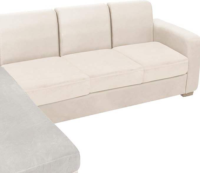 NAISI Couch Cushion Covers 3 Pieces Velvet Stretch Sofa Seat Covers or Backrest Covers Soft Individual Couch Covers for Sectional Sofa(3 Pcs for 3-Seat Cushion,Beige)