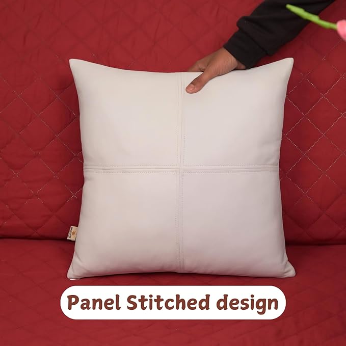 Lambskin Leather Pillow Cover, Hand Panel Stitched Leather Decorative Throw Pillow Covers for Couch Sofa Bed Living Room Garden (14x14 Inches, White Pack of 2)