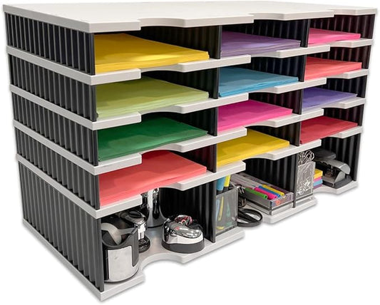 Ultimate Office Desktop Organizer 12 Letter Tray Sorter PLUS Riser Storage Base for Easy Access to Lower Slots, Desk Accessories & Supplies. Optional File Topper & Drawers