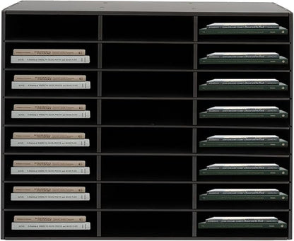 Literature Organizer with 24 Compartments | Adjustable Desktop File Sorter Mail Center for Home, Office & Classroom | PVC Paper Storage Cabinet with Shelves (Black, 24 Compartments)