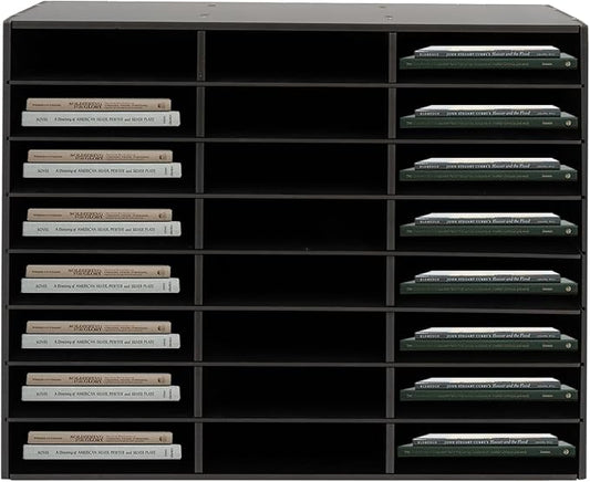 Literature Organizer with 24 Compartments | Adjustable Desktop File Sorter Mail Center for Home, Office & Classroom | PVC Paper Storage Cabinet with Shelves (Black, 24 Compartments)